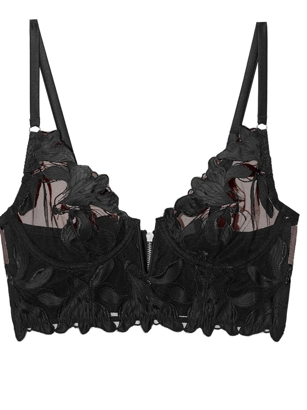 Fleur Du Mal 32DD Lily Embroidery Longline Demi Bra Plunge Black Zip Up Floral - Picture 3 of 3